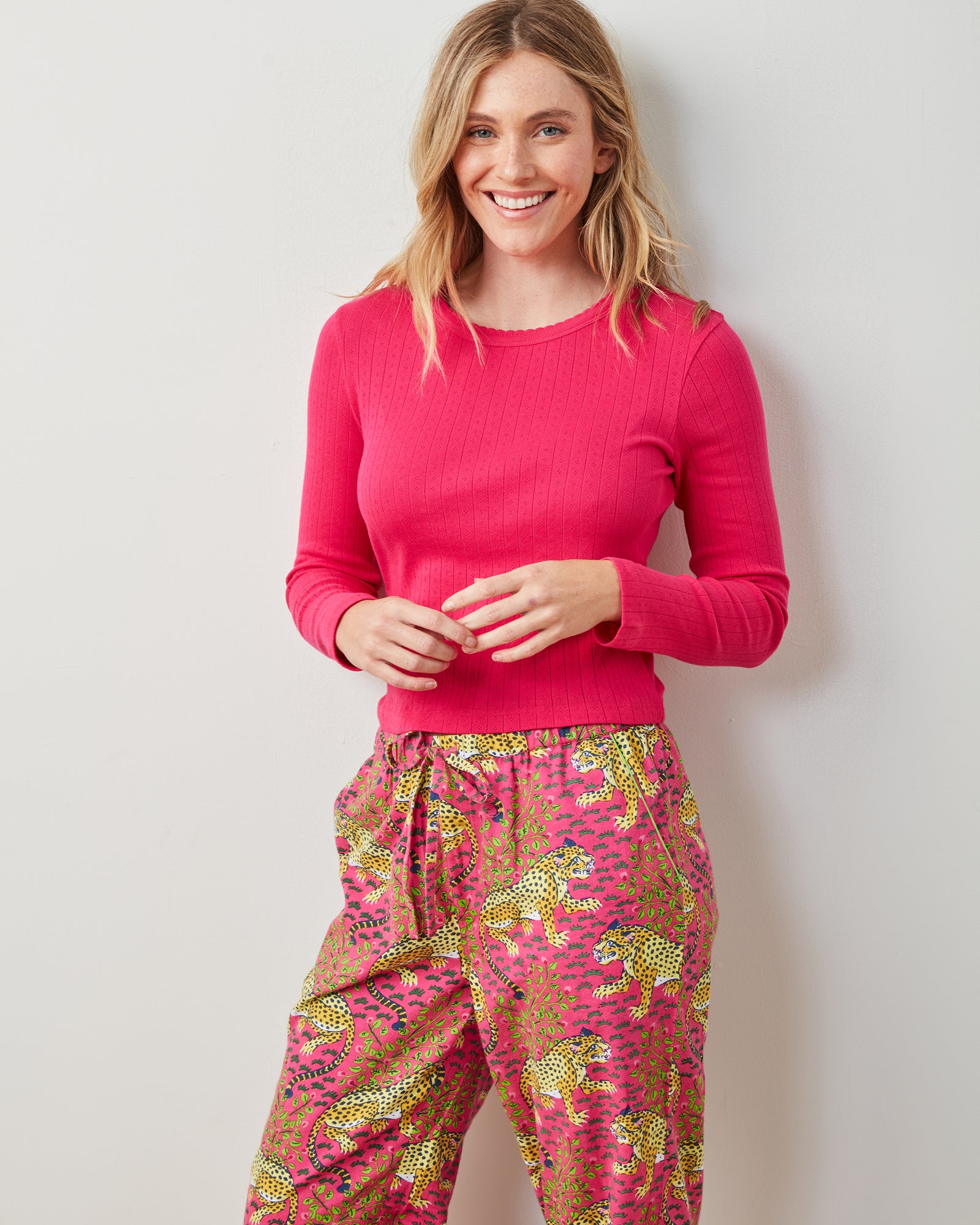 Bagheera - Pointelle Long Sleeve & Flannel PJ Pants Set - Hot Pink - Printfresh