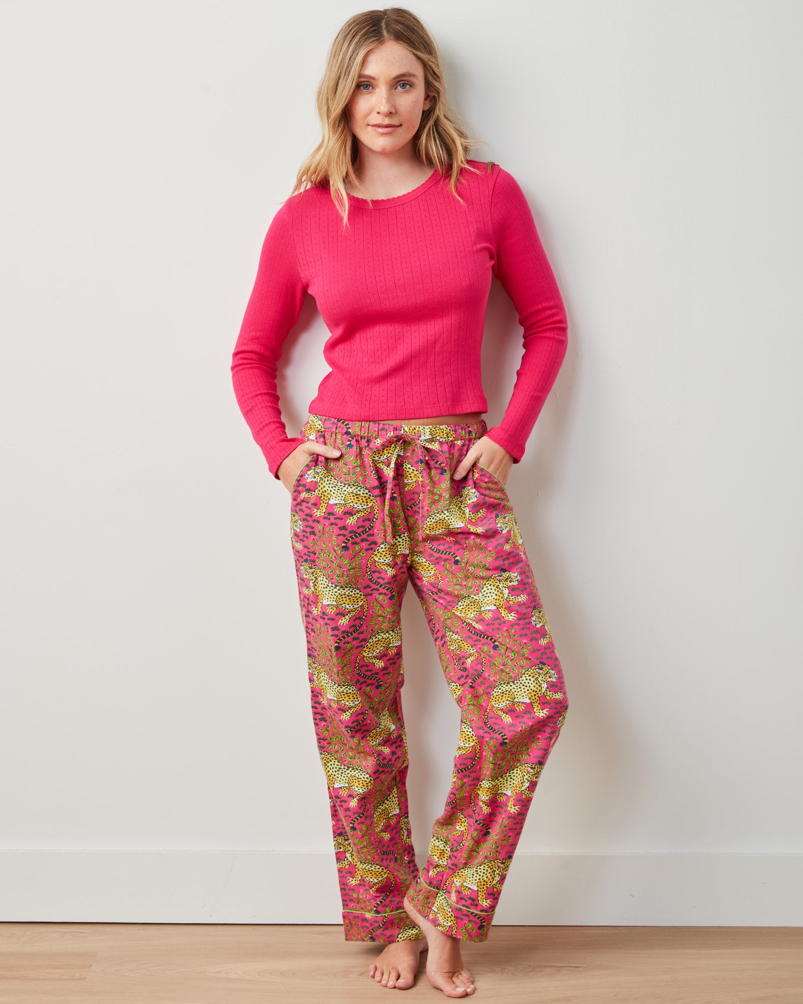 Bagheera - Pointelle Long Sleeve & Flannel PJ Pants Set - Hot Pink - Printfresh