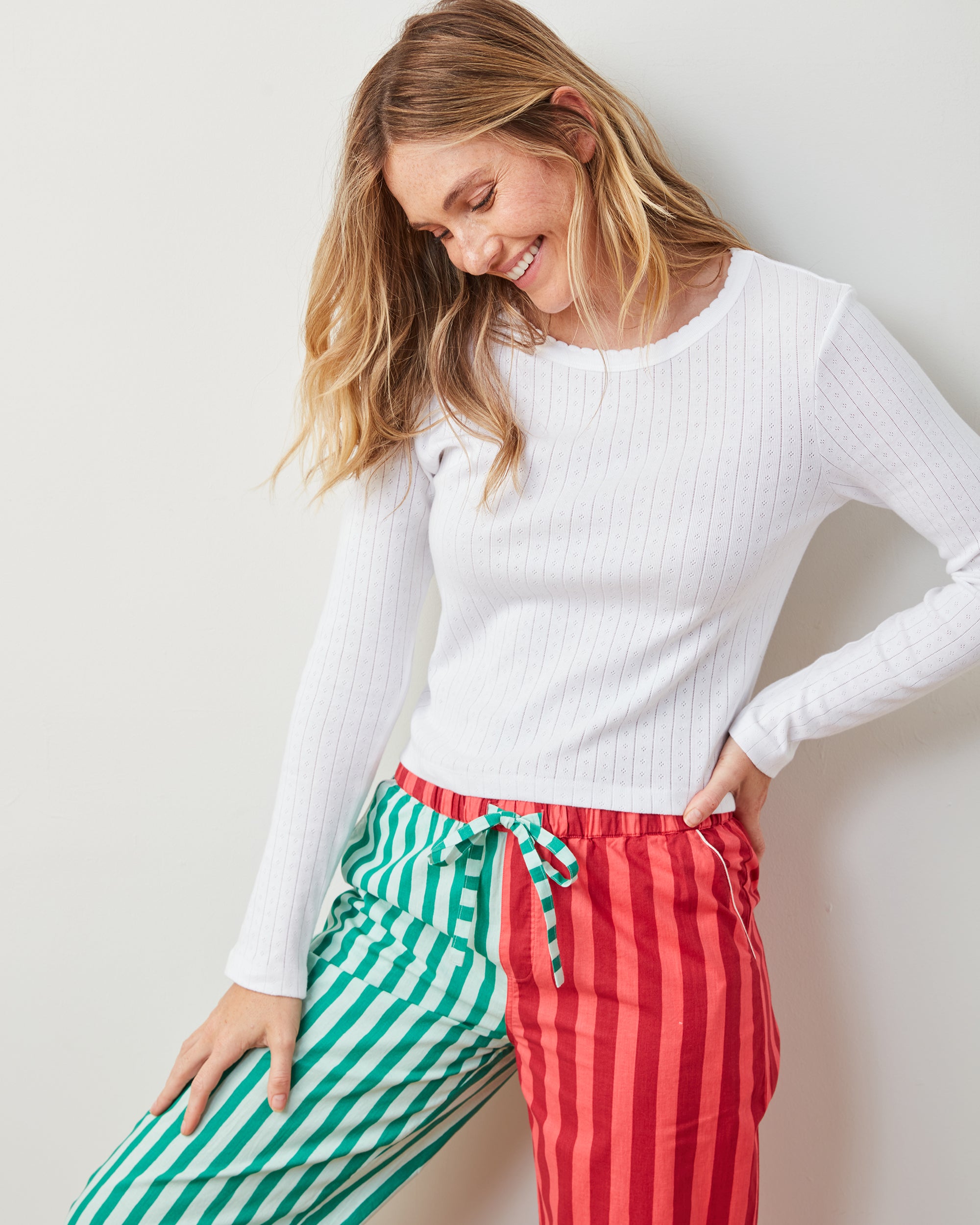 Holiday Stripes - Pointelle Long Sleeve & PJ Pants Set - Spearmint & Peppermint