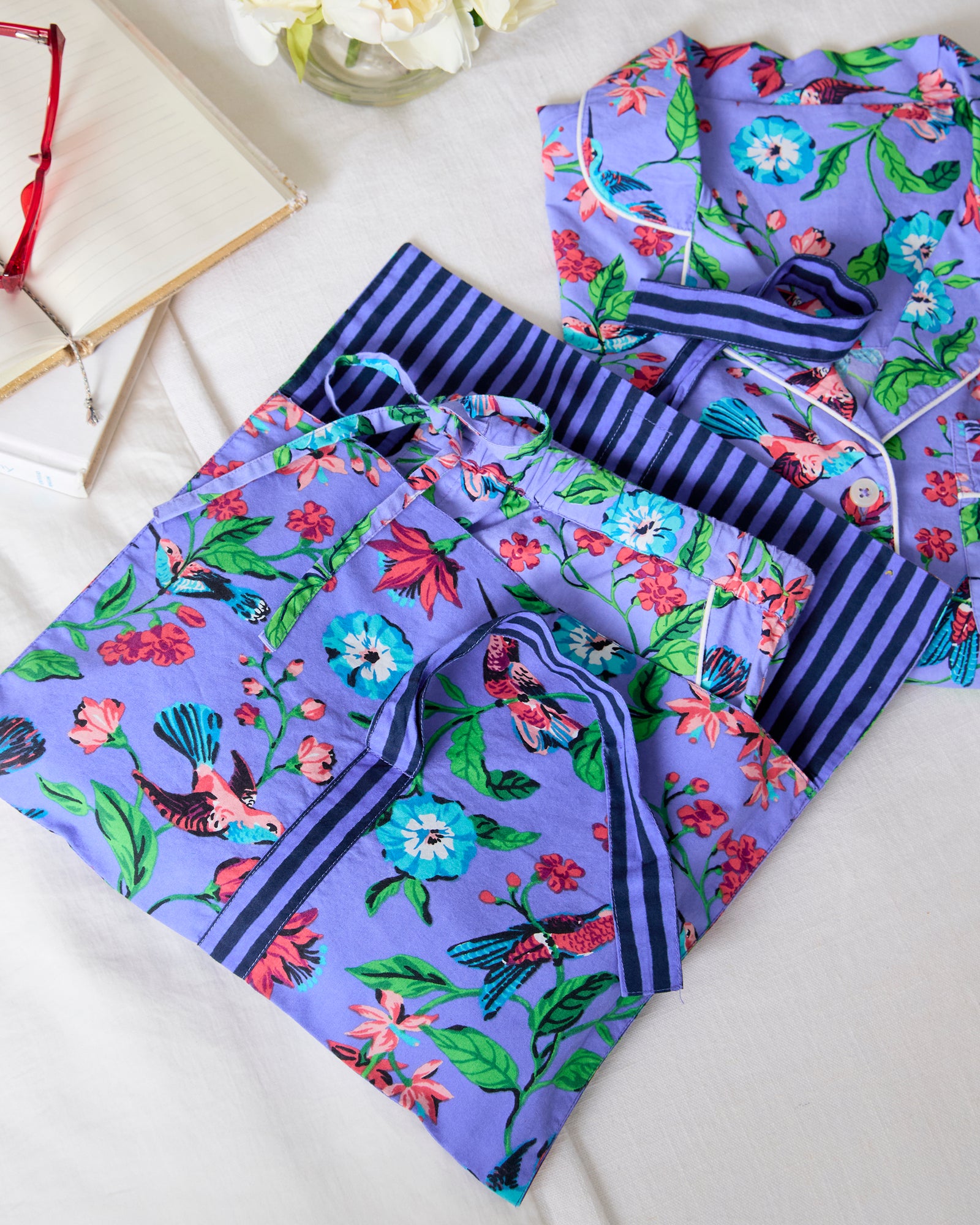 Hummingbird Haven - Short Sleeve Top & Cropped Pants Set + Gift Pouch - Crocus - Printfresh