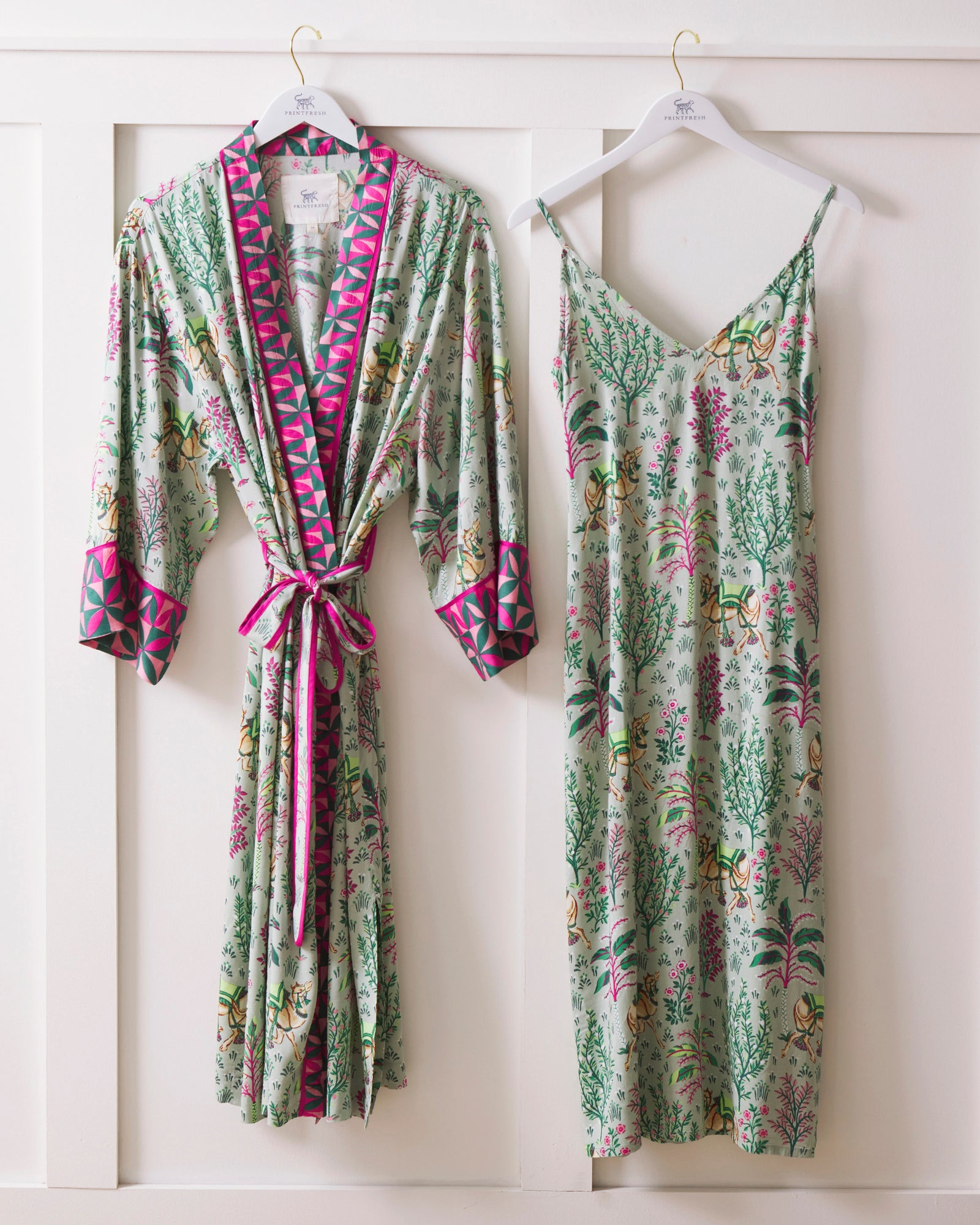 Camel's Courtyard - Satin Chic to Sleep Nightie and Satin Robe Set - Avocado - Printfresh