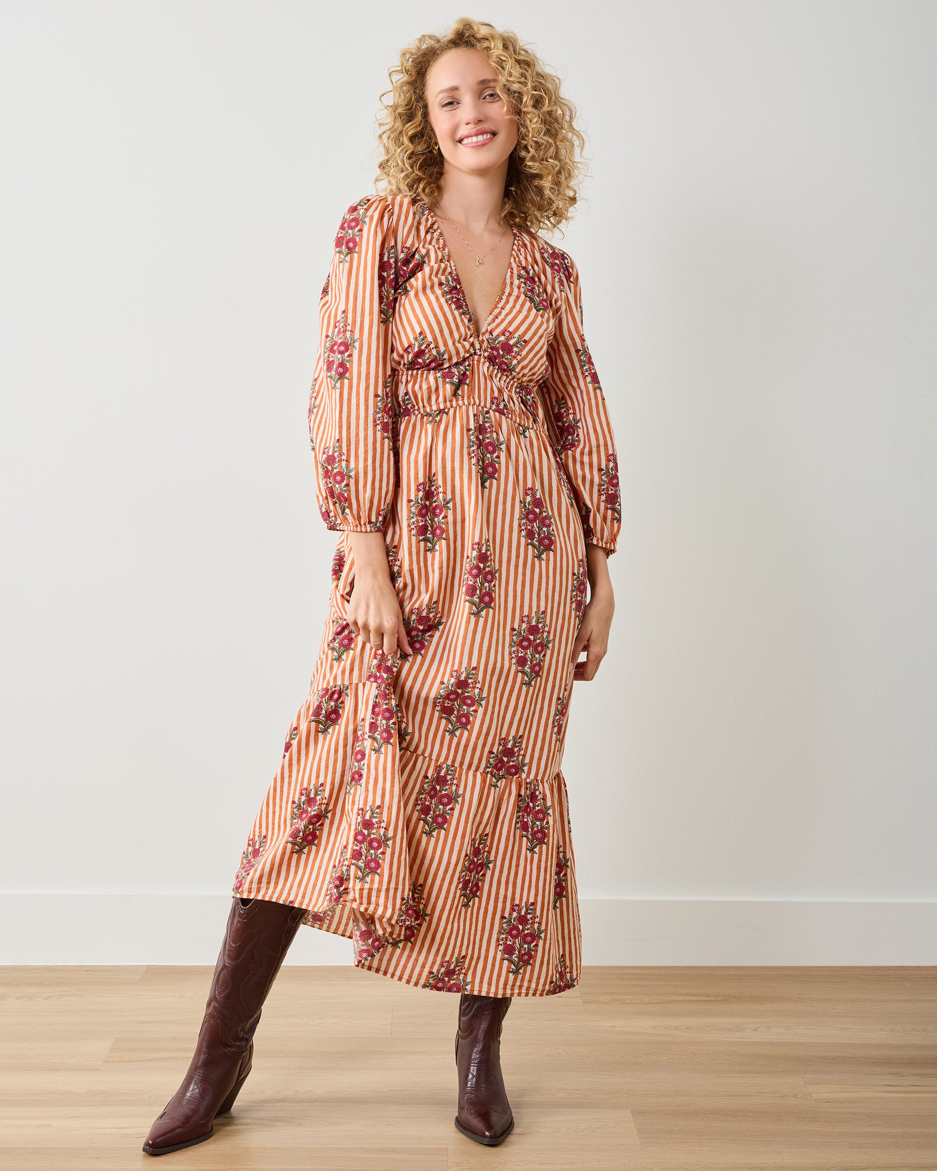 Organic Cotton 3/4 Sleeve Maxi Dress in Wildflower Stripes | Women's S