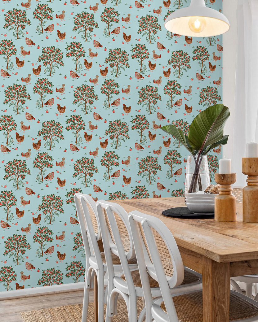 Hen House - Peel & Stick Wallpaper - Aqua - Printfresh