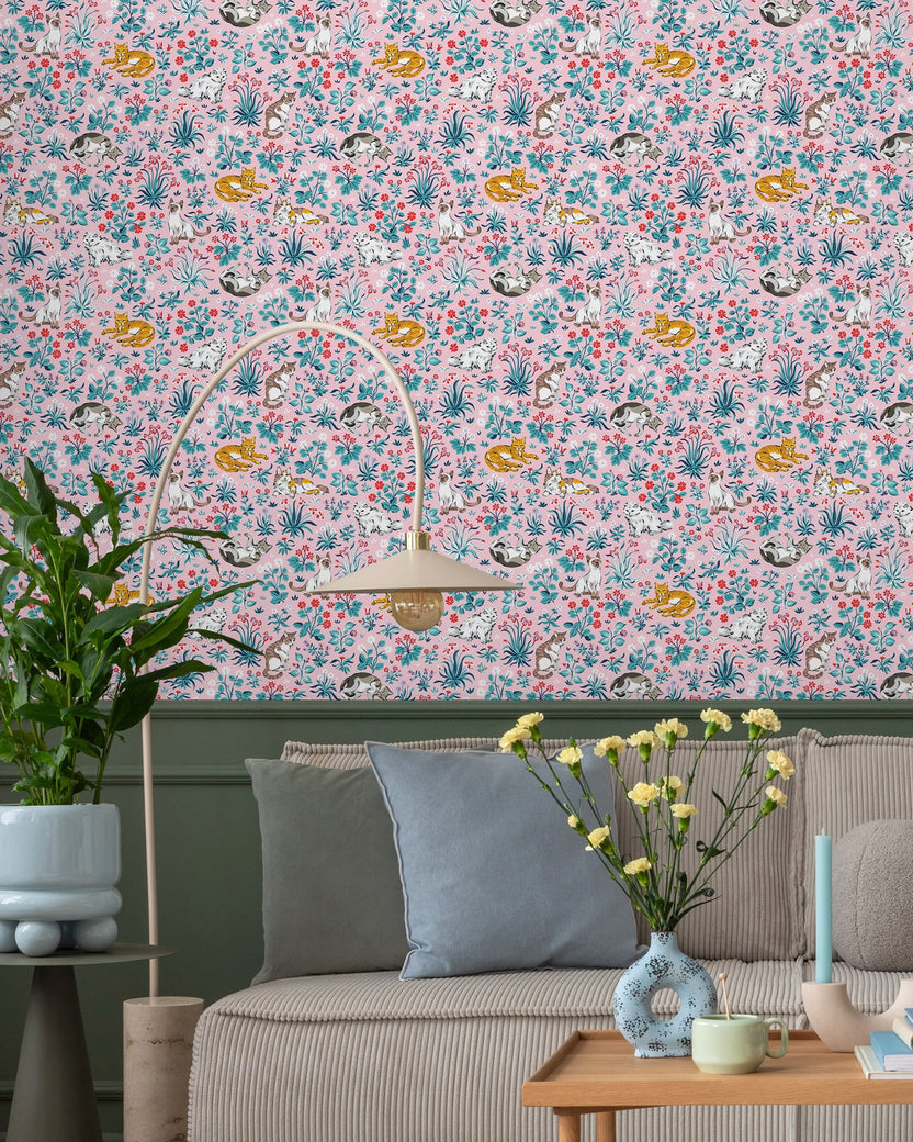 Must Love Cats - Peel & Stick Wallpaper - Pink