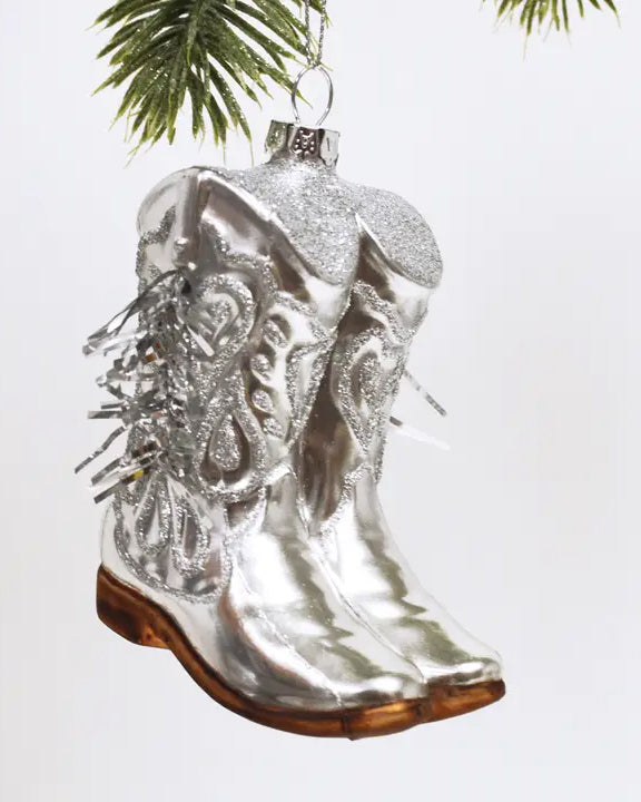 Silver - Cowboy Boot Boxed Glass Ornament - 8 Oak Lane - Printfresh