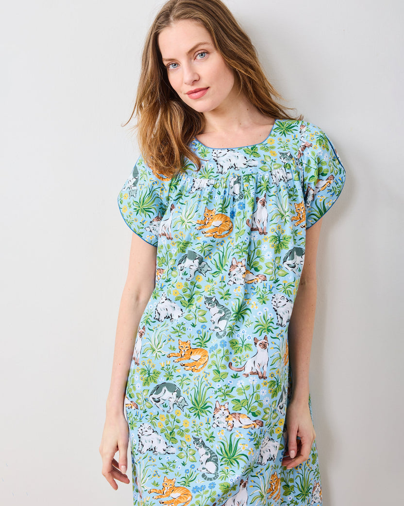 Close front view of the Cornflower Must Love Cats Retro Dreams nightgown showing its gathered neckline and cat-and-floral print