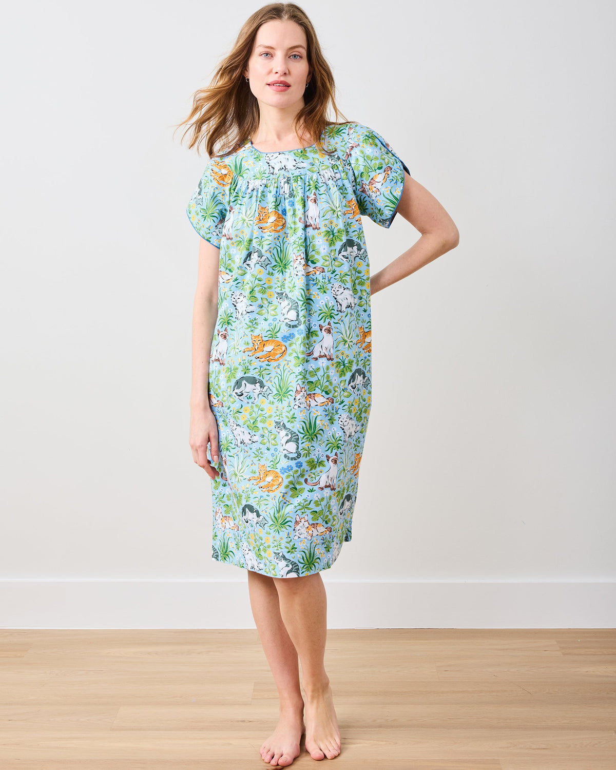 Full-length front view of the Cornflower Must Love Cats Retro Dreams nightgown with short sleeves and a cat-and-floral print