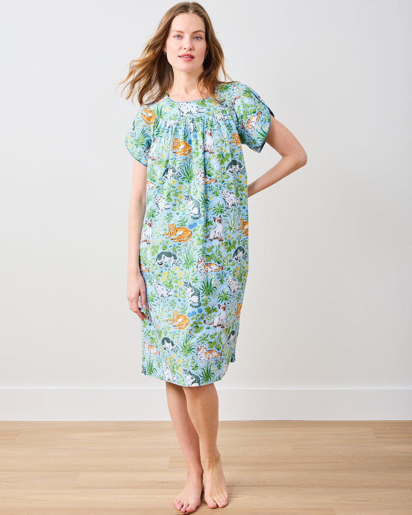Full-length front view of the Cornflower Must Love Cats Retro Dreams nightgown with short sleeves and a cat-and-floral print