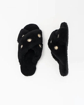 Black Sheepskin Slippers with Rhinestones - Printfresh