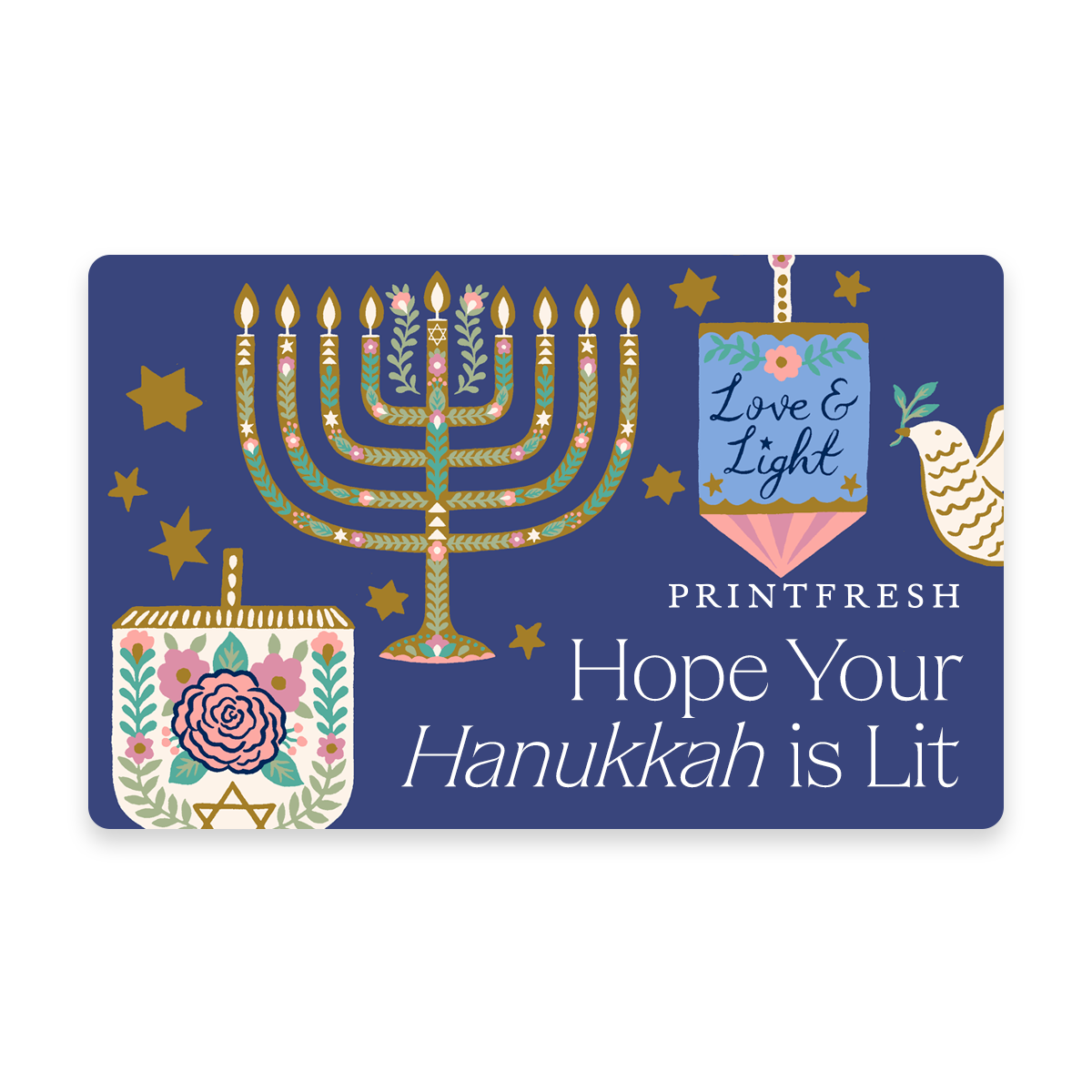 Illustrated blue gift card featuring a menorah and the message “Hope Your Hanukkah is Lit.”