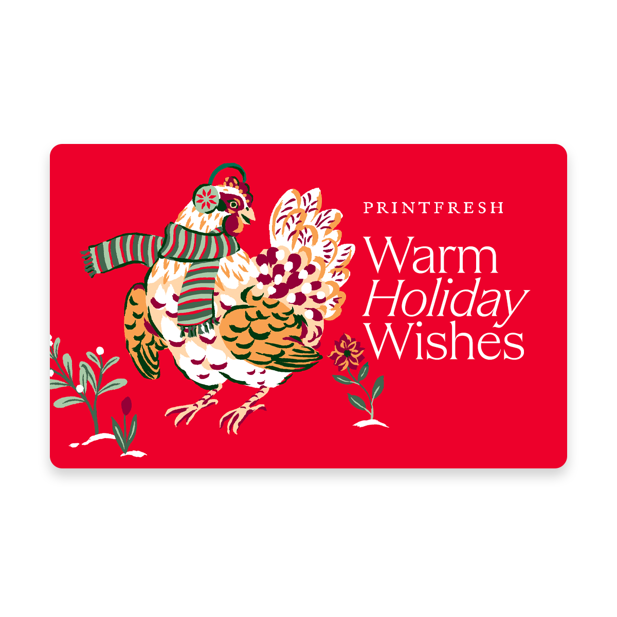 Red illustrated gift card featuring a bird wearing a striped scarf and the message “Warm Holiday Wishes.”
