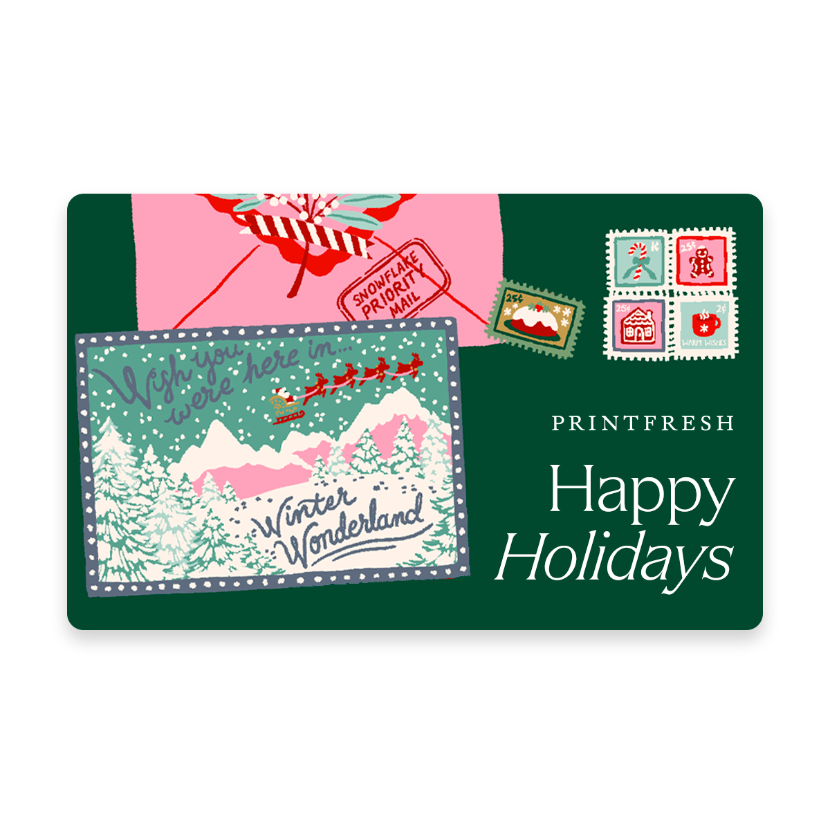 Green illustrated gift card featuring holiday mail and a winter landscape with the message “Happy Holidays.”