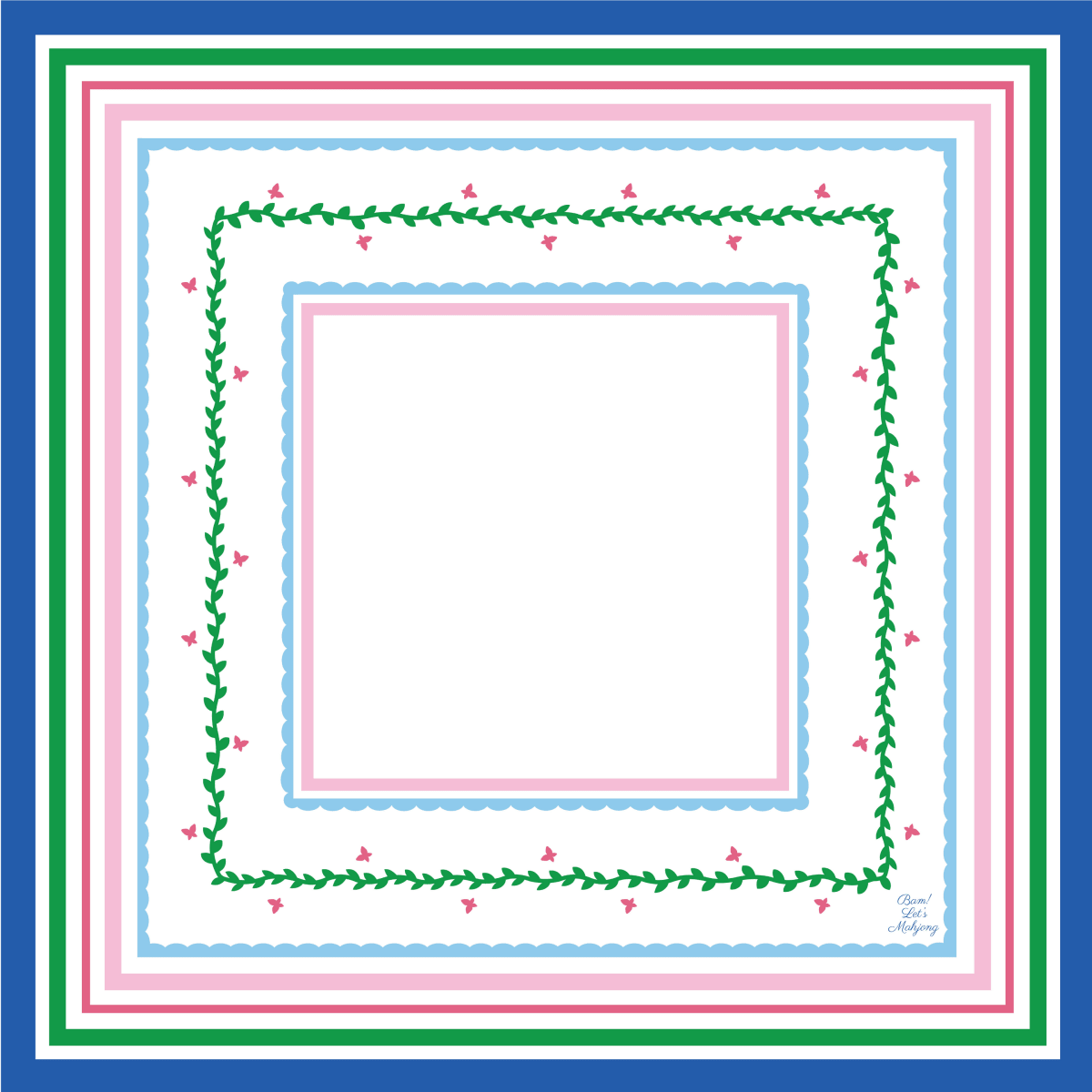 Square mahjong mat with nested blue, green, and pink rectangular borders, leafy vines, and small pink butterflies.