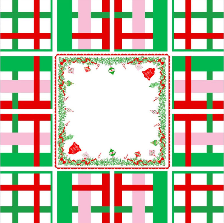 Square holiday mahjong mat with a green, red, and pink geometric border and a central holly-bordered panel decorated with Christmas motifs.