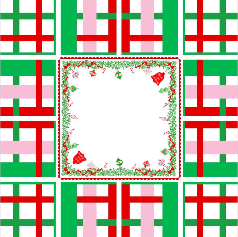 Square holiday mahjong mat with a green, red, and pink geometric border and a central holly-bordered panel decorated with Christmas motifs.