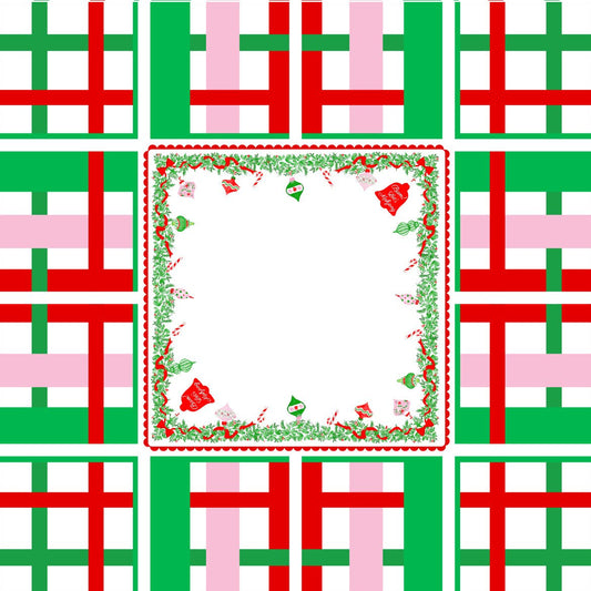 Square Holly Jolly Christmas Mahjong mat with a central white playing area framed by leafy holiday illustrations, red ribbons, ornaments, and a red-and-green geometric border.