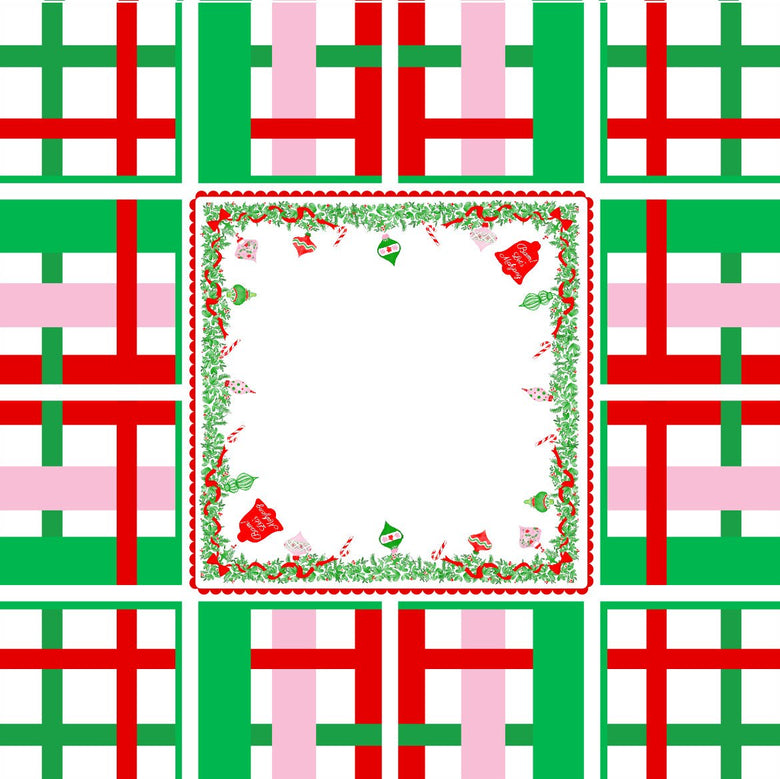 Square Holly Jolly Christmas Mahjong mat with a central white playing area framed by leafy holiday illustrations, red ribbons, ornaments, and a red-and-green geometric border.