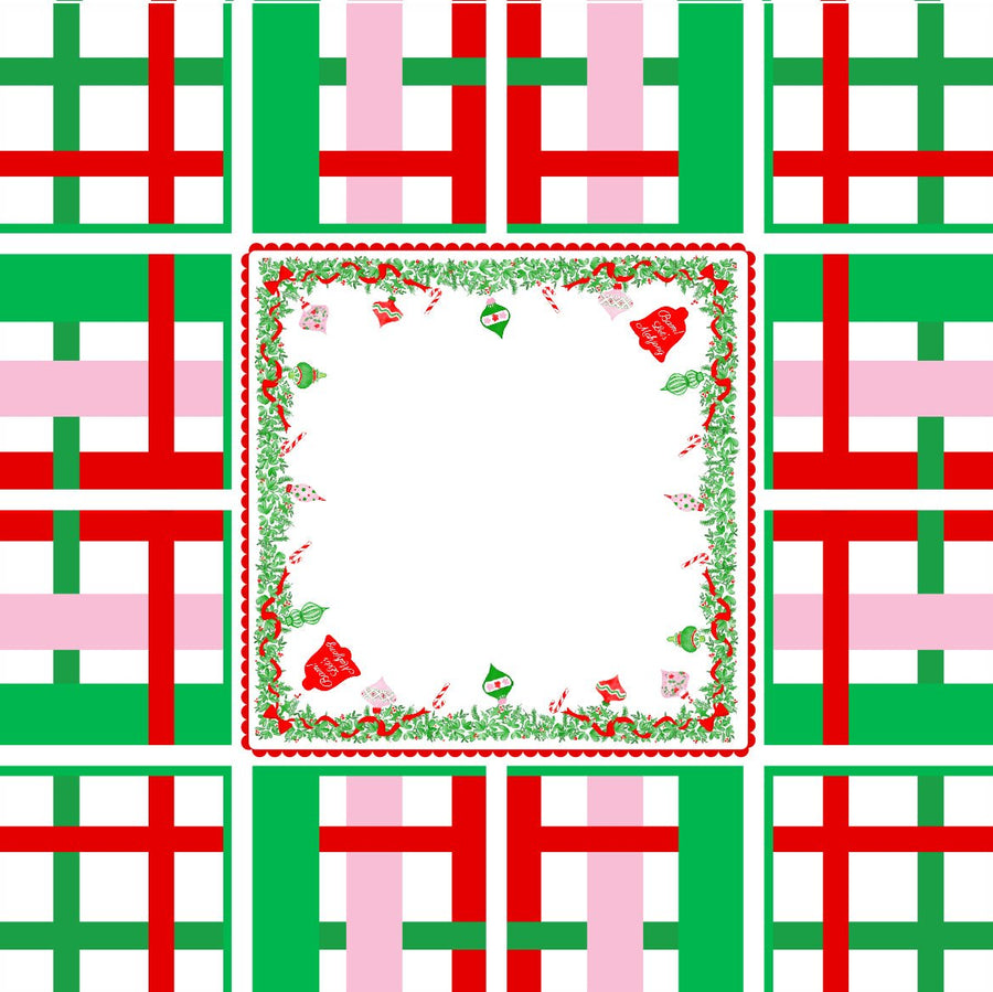 Square Holly Jolly Christmas Mahjong mat with a central white playing area framed by leafy holiday illustrations, red ribbons, ornaments, and a red-and-green geometric border.