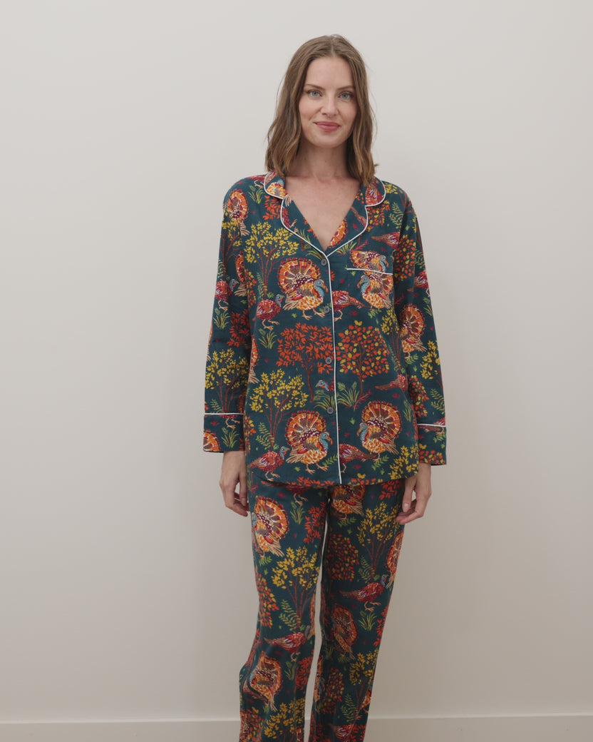 Turkey Trot - Petite Lightweight Flannel Long PJ Set - Midnight Navy