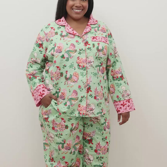 Holiday Hens - Long PJ Set - Sage