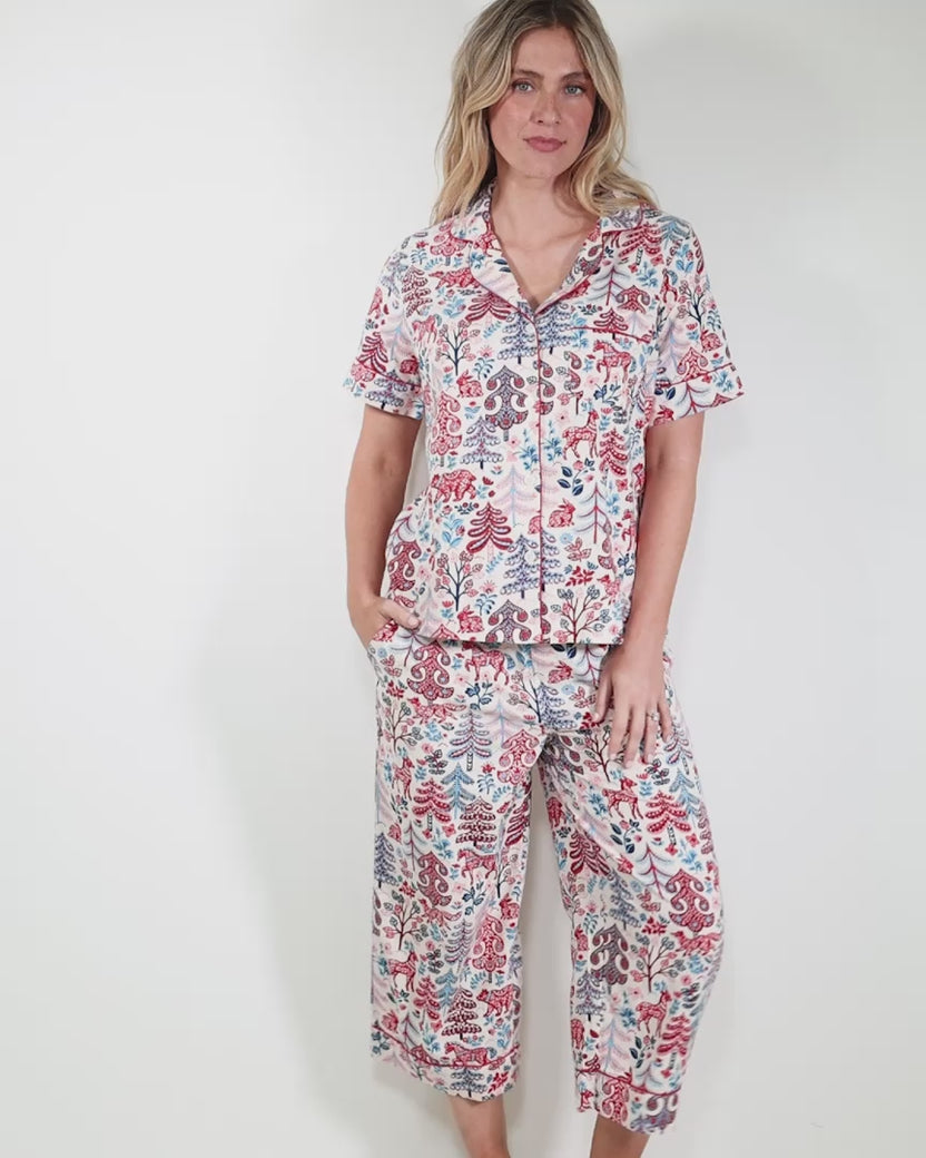 Folklore Forest - Lightweight Flannel Short Sleeve Top & Cropped Pants Set - Cream