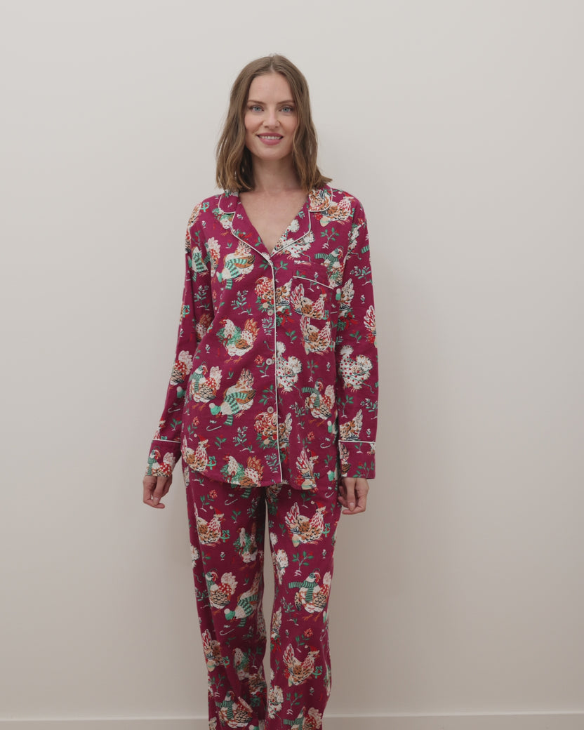 Holiday Hens - Lightweight Flannel Long PJ Set - Burgundy