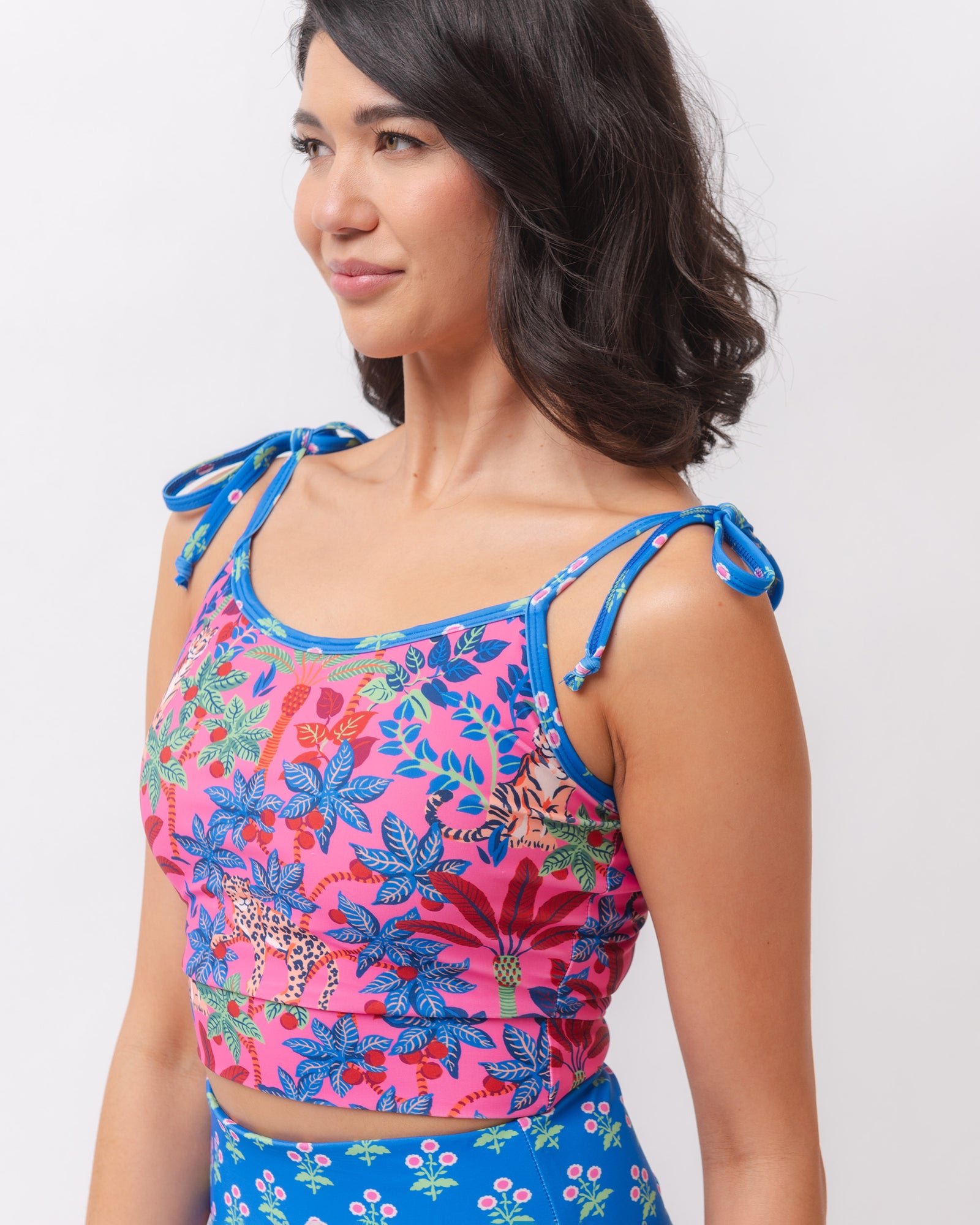 PF + Lime Ricki Big Cat Family - Shoulder Tie Crop Top - Azalea - Printfresh