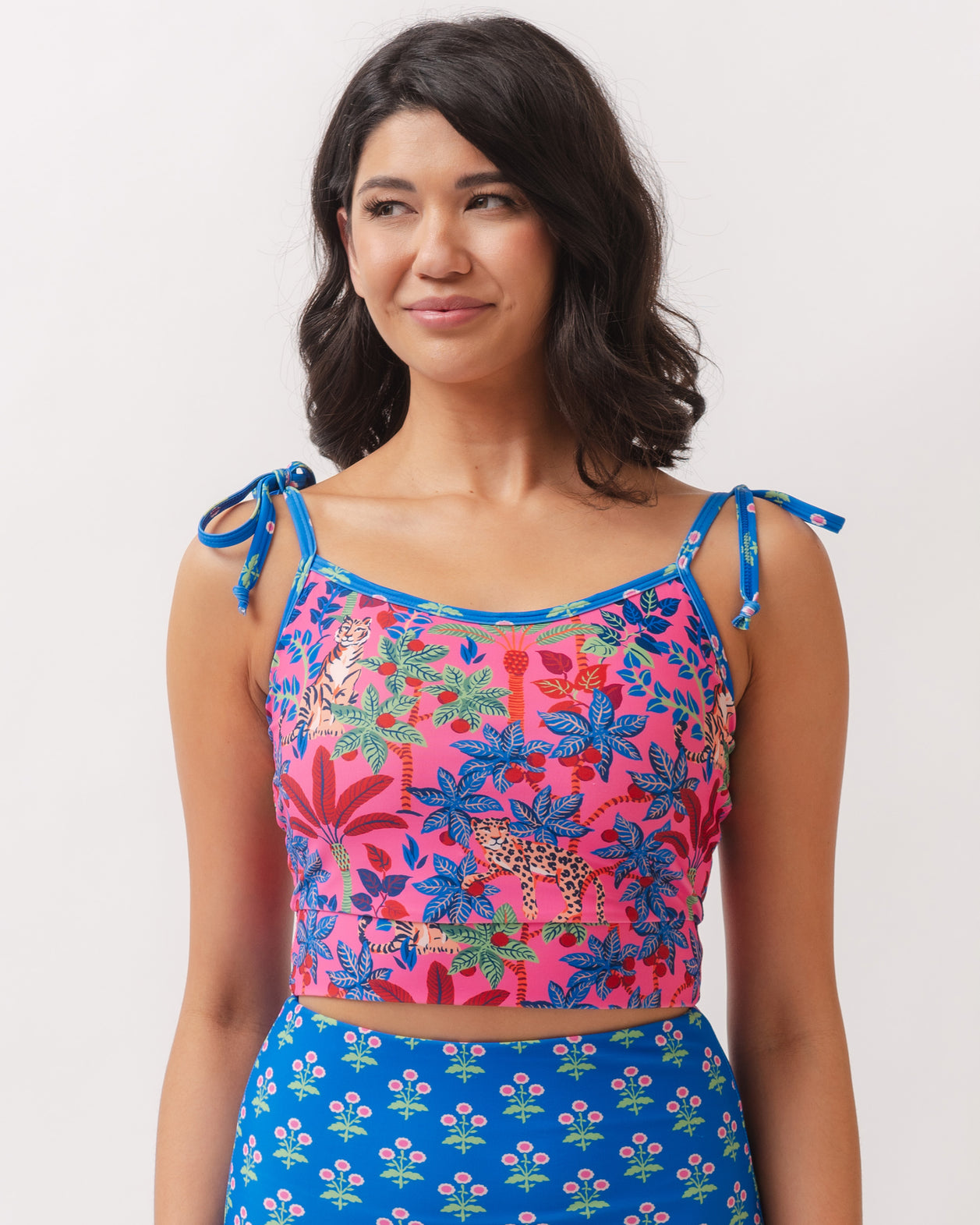 PF + Lime Ricki Big Cat Family - Shoulder Tie Crop Top - Azalea - Printfresh