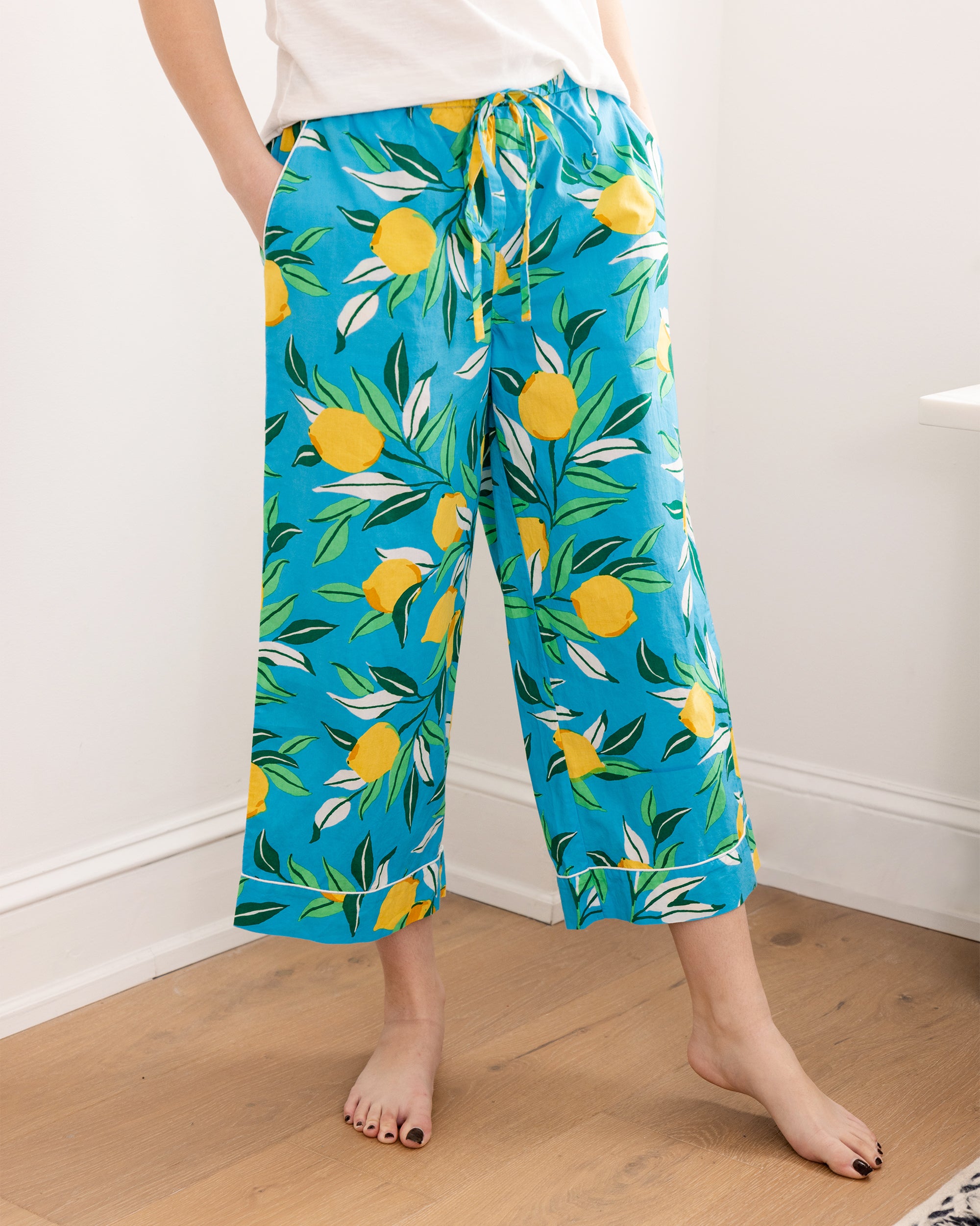 Lemon Zest - Cropped Pajama Pants - Turquoise - Printfresh