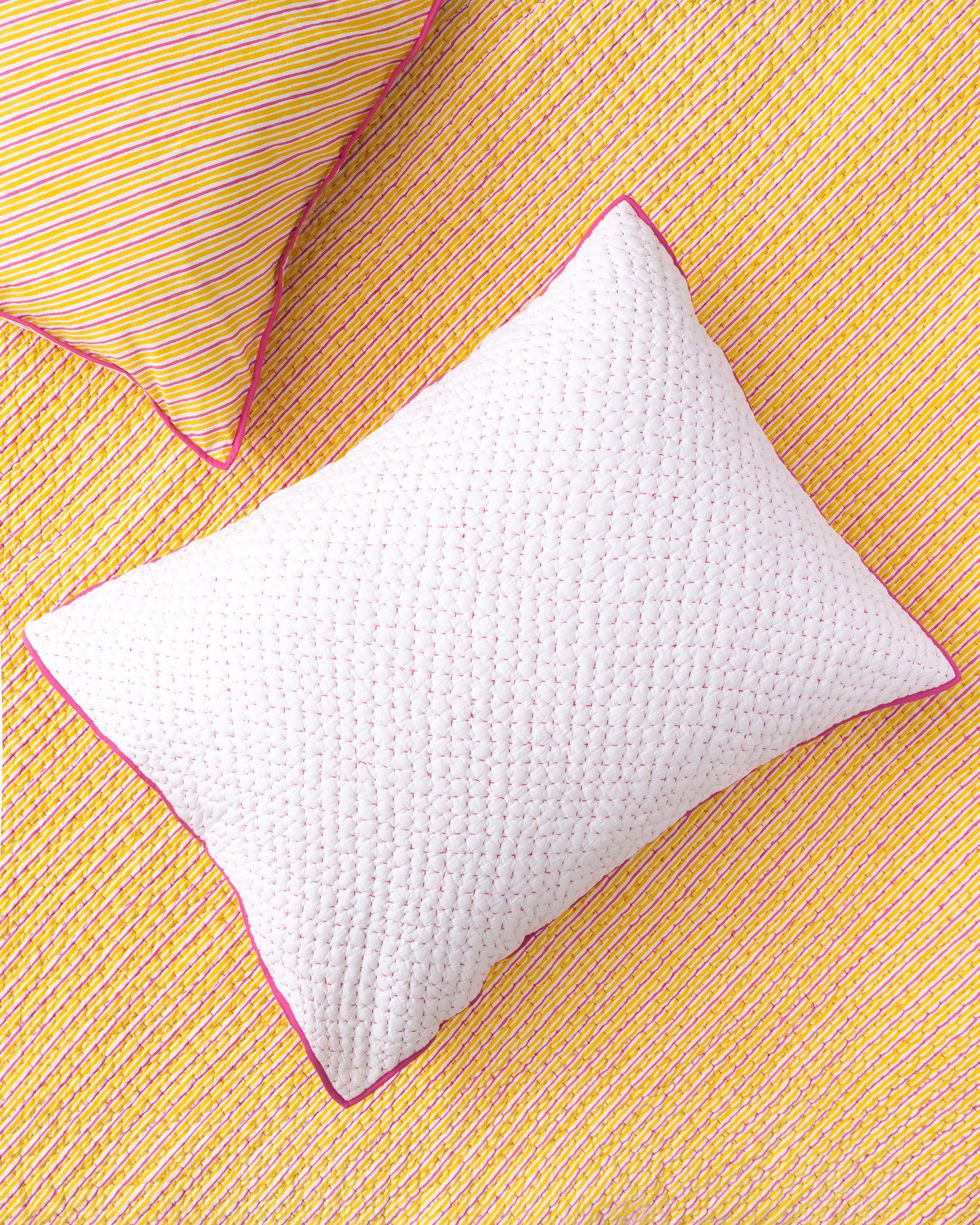Reversible Weekend Stripes - Kantha Quilt Sham - Pink Marigold - Printfresh