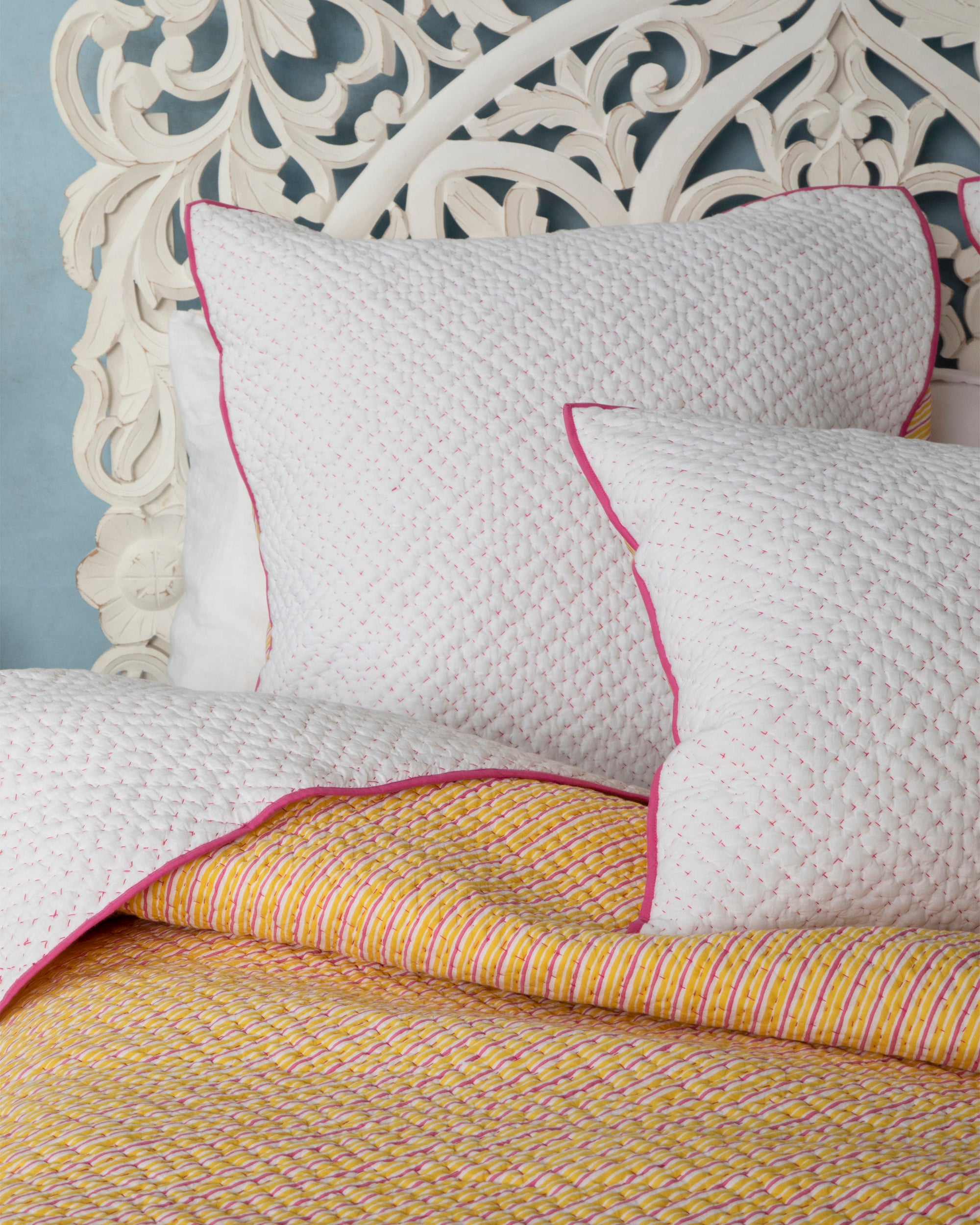 Reversible Weekend Stripes - Kantha Quilt Sham - Pink Marigold - Printfresh