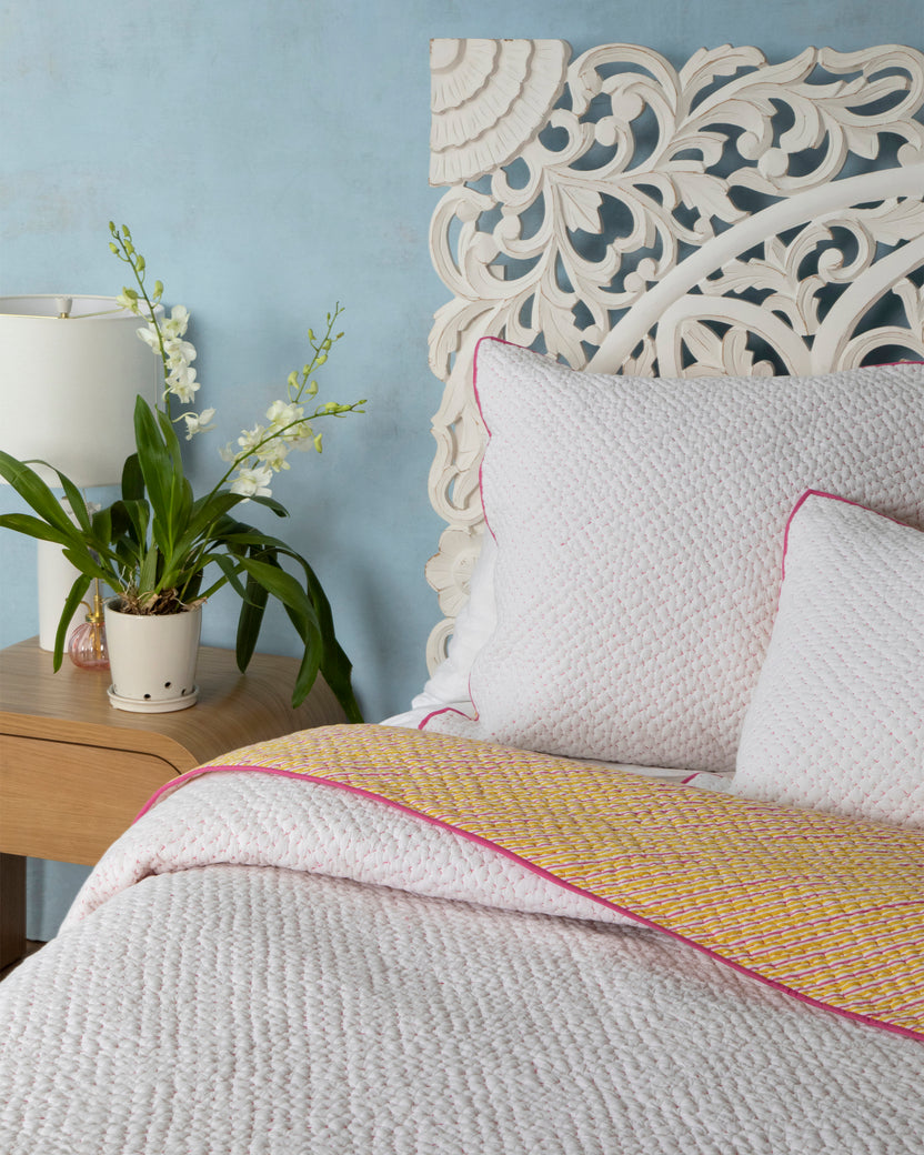 Reversible Weekend Stripes - Kantha Quilt Sham - Pink Marigold - Printfresh
