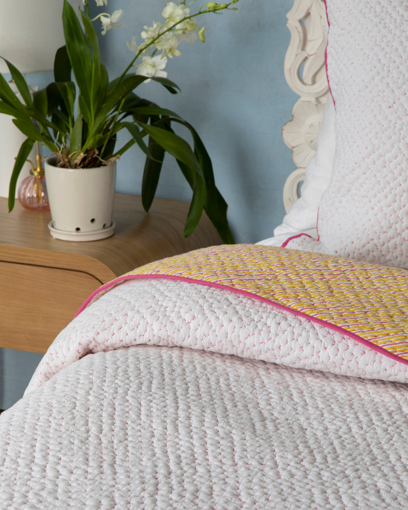 Reversible Weekend Stripes - Kantha Quilt - Pink Marigold - Printfresh