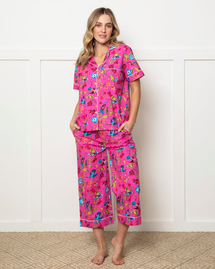 Hummingbird Haven - Short Sleeve Top & Cropped Pants Set - Fresh Raspberry - Printfresh