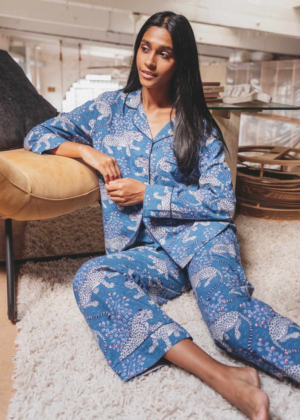 Cilene is 5'8" and wears size S in Bagheera - Long Sleep Set - Indigo