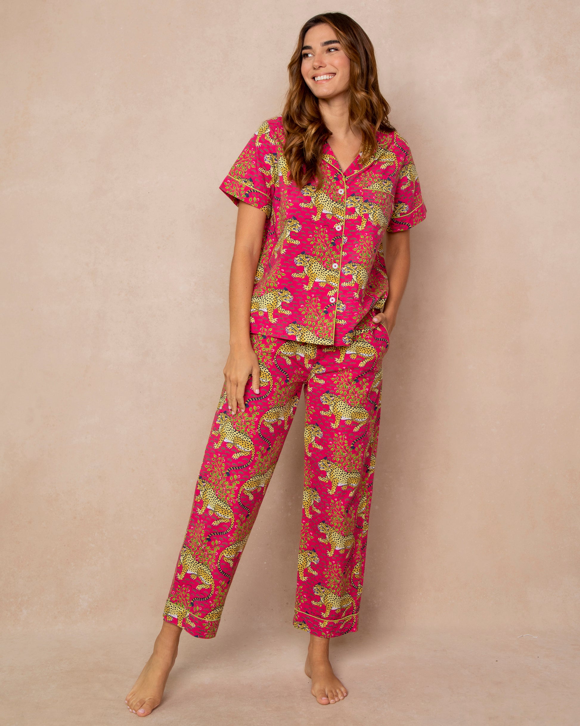 Bagheera - Short Sleeve Top & Long Pants Set - Hot Pink