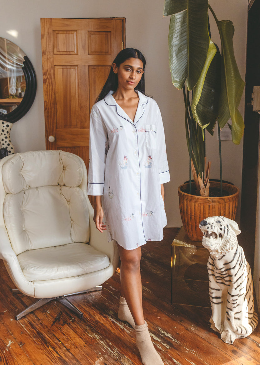 Cilene is 5'8" and wears size S in Daughters of Triton - Sleep Shirt - Cloud