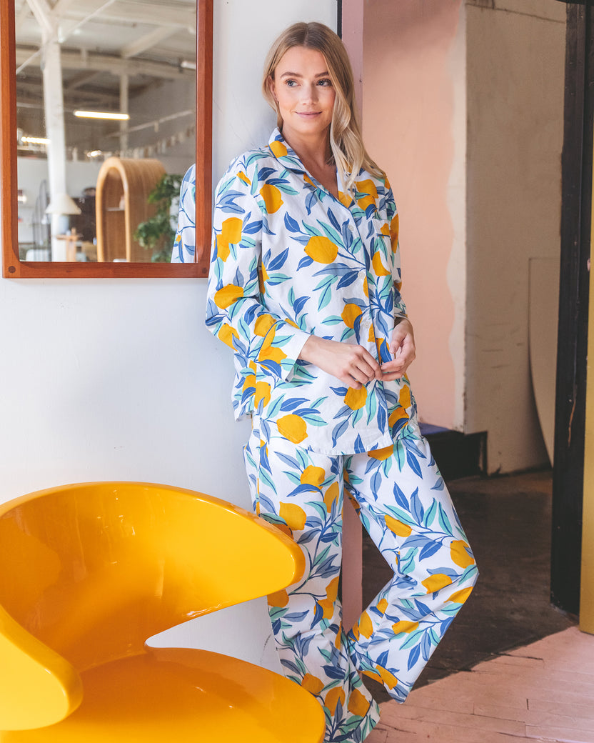 Raina is 5'10" and wears size S in Lemon Zest - Long Sleep Set - Cloud