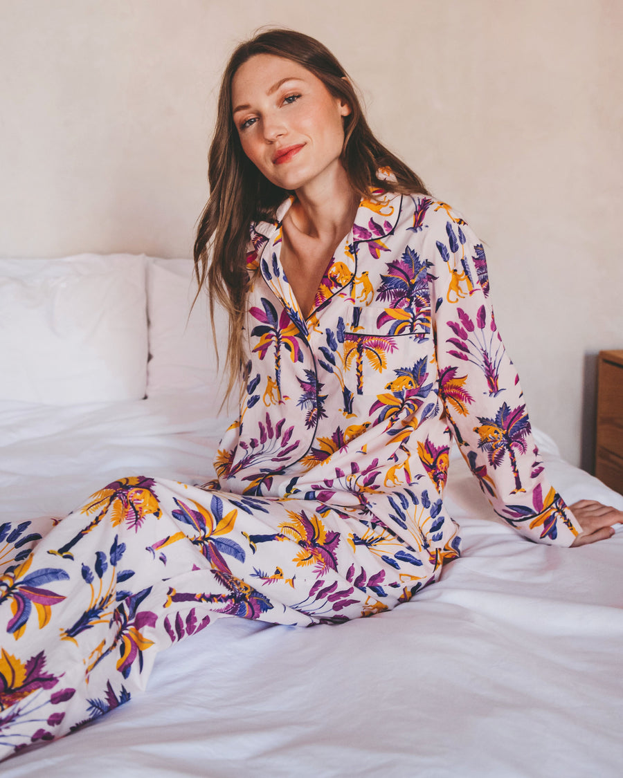 Andrea is 5'10" and wears size S in Royals Palms - Long Sleep Set - Amethyst