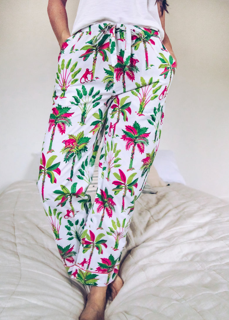 Claudia is 5'8" and wears size S in Royal Palms - Pajama Pants - Pink Basil