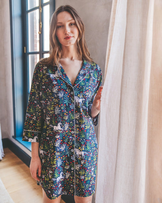 Andrea is 5'10" and wears size S in Unicorn's Garden - Sleep Shirt - Indigo