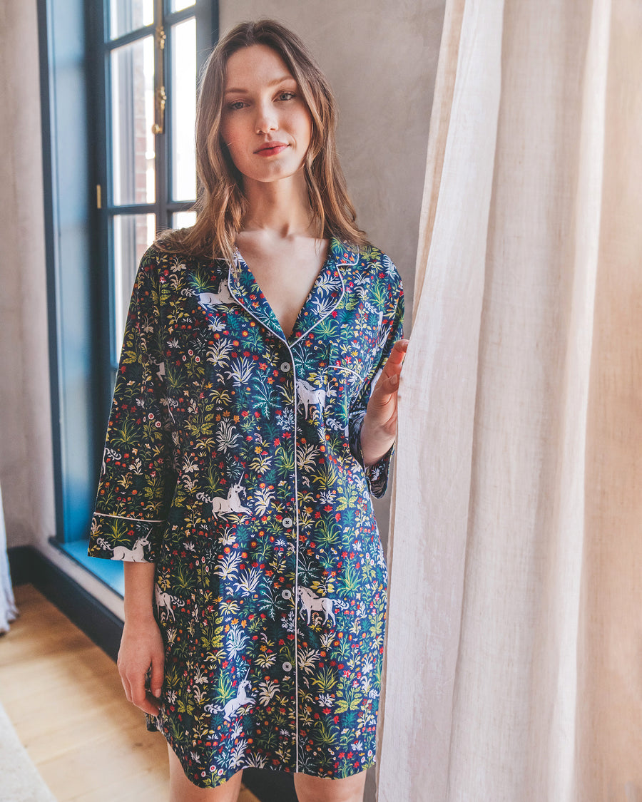 Andrea is 5'10" and wears size S in Unicorn's Garden - Sleep Shirt - Indigo