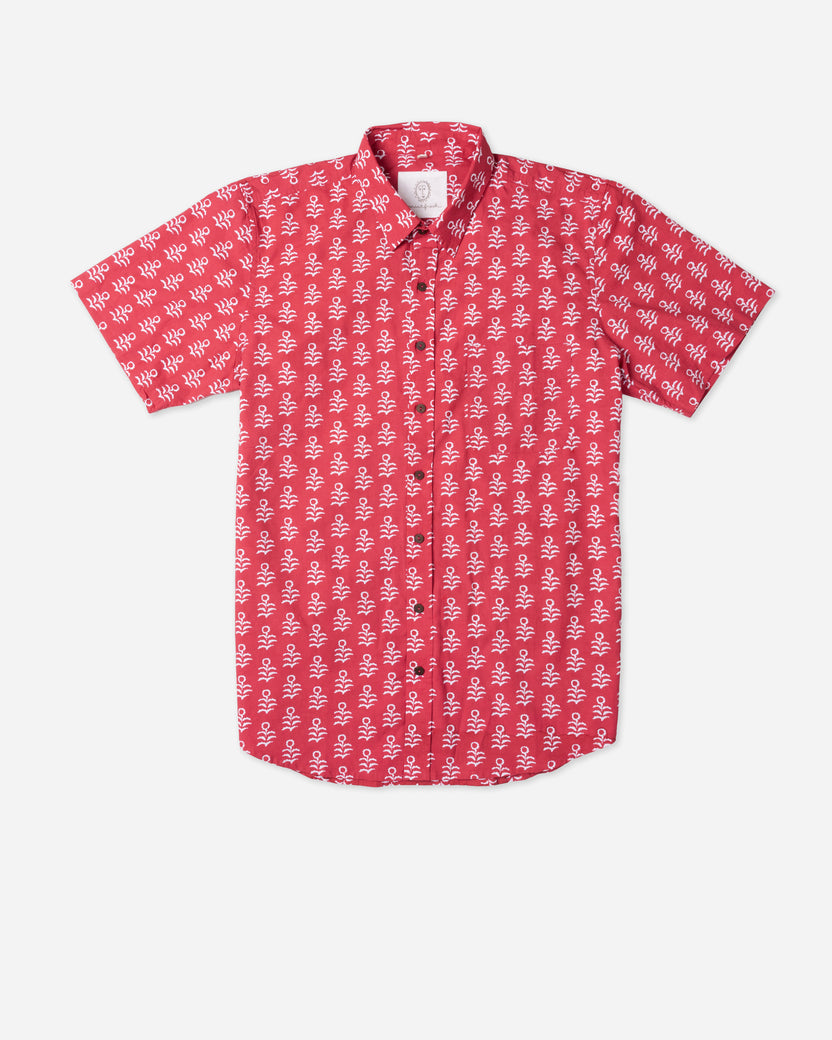 Flower Stand - Men's Short Sleeve Button Down Shirt - Ruby - Printfresh