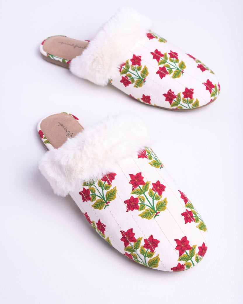 Pretty in Poinsettia - Quilted Faux Fur Slippers - Cream - Printfresh