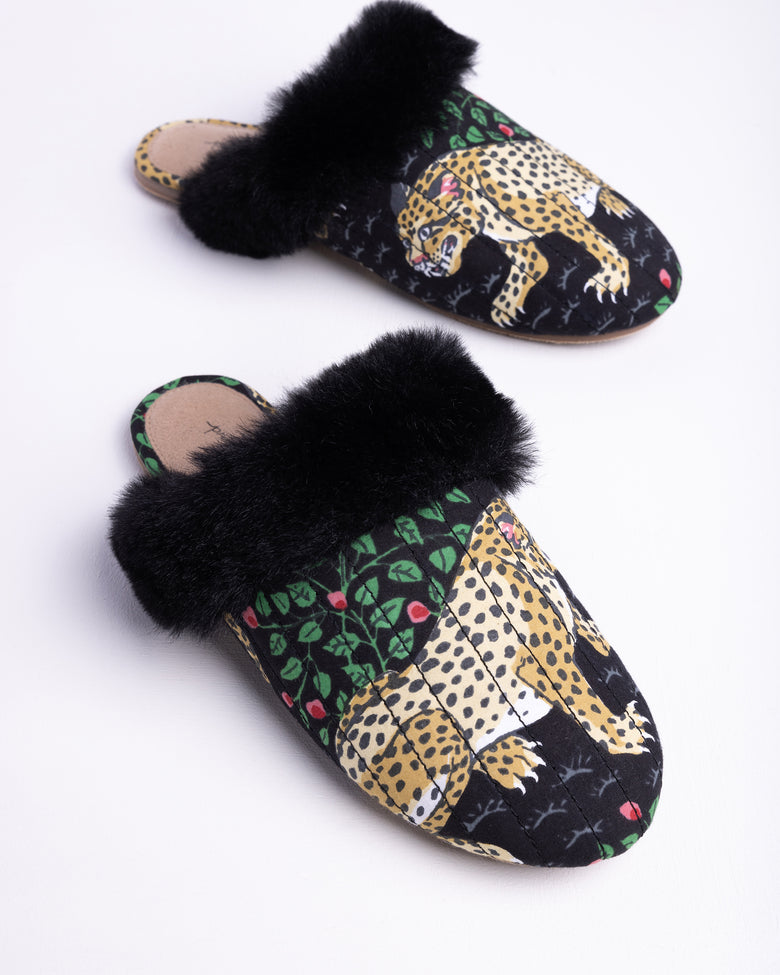 Bagheera - Quilted Faux Fur Slippers - Ink - Printfresh
