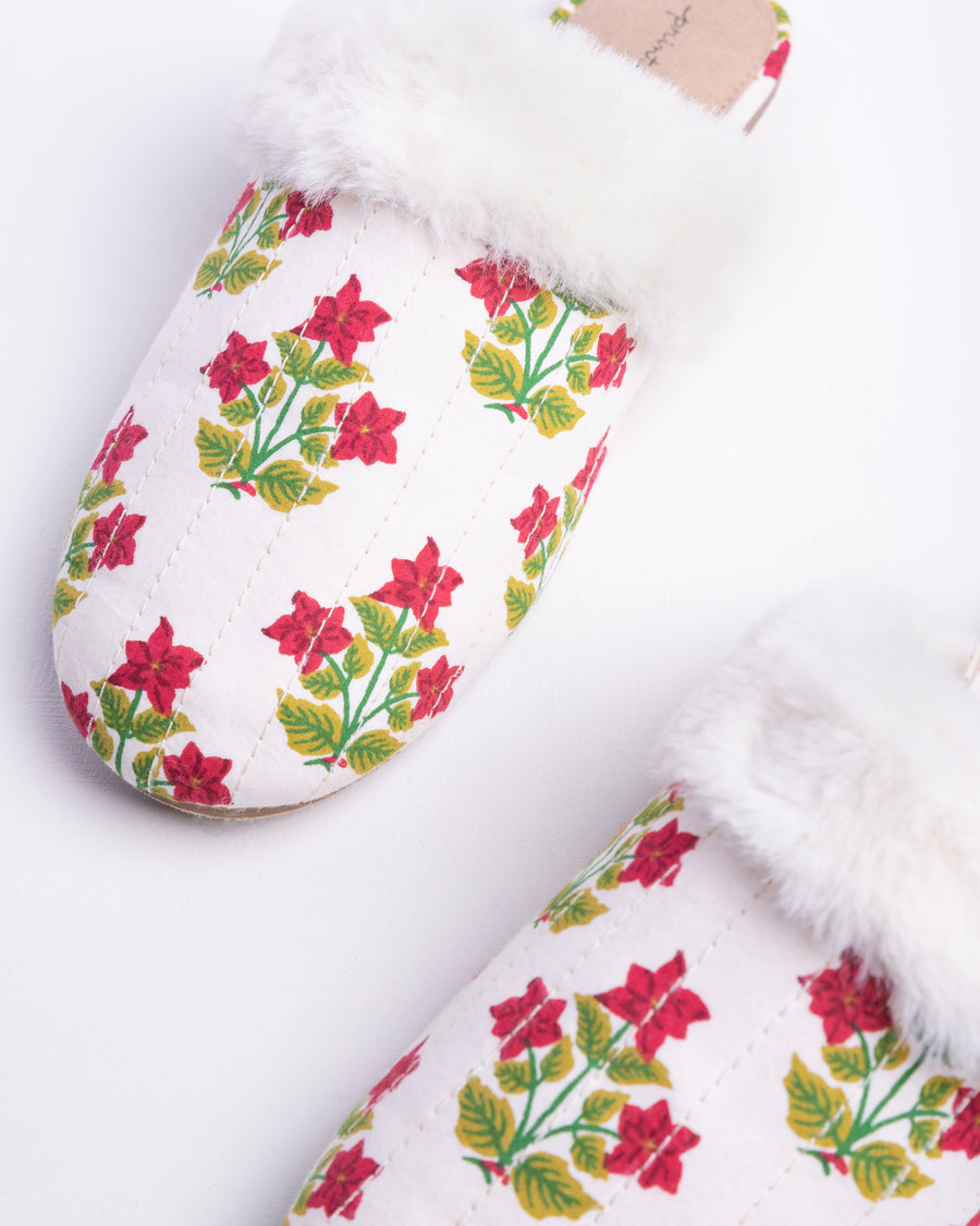 Pretty in Poinsettia - Quilted Faux Fur Slippers - Cream - Printfresh
