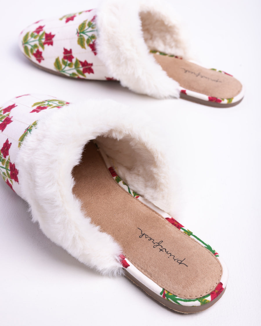 Pretty in Poinsettia - Quilted Faux Fur Slippers - Cream - Printfresh