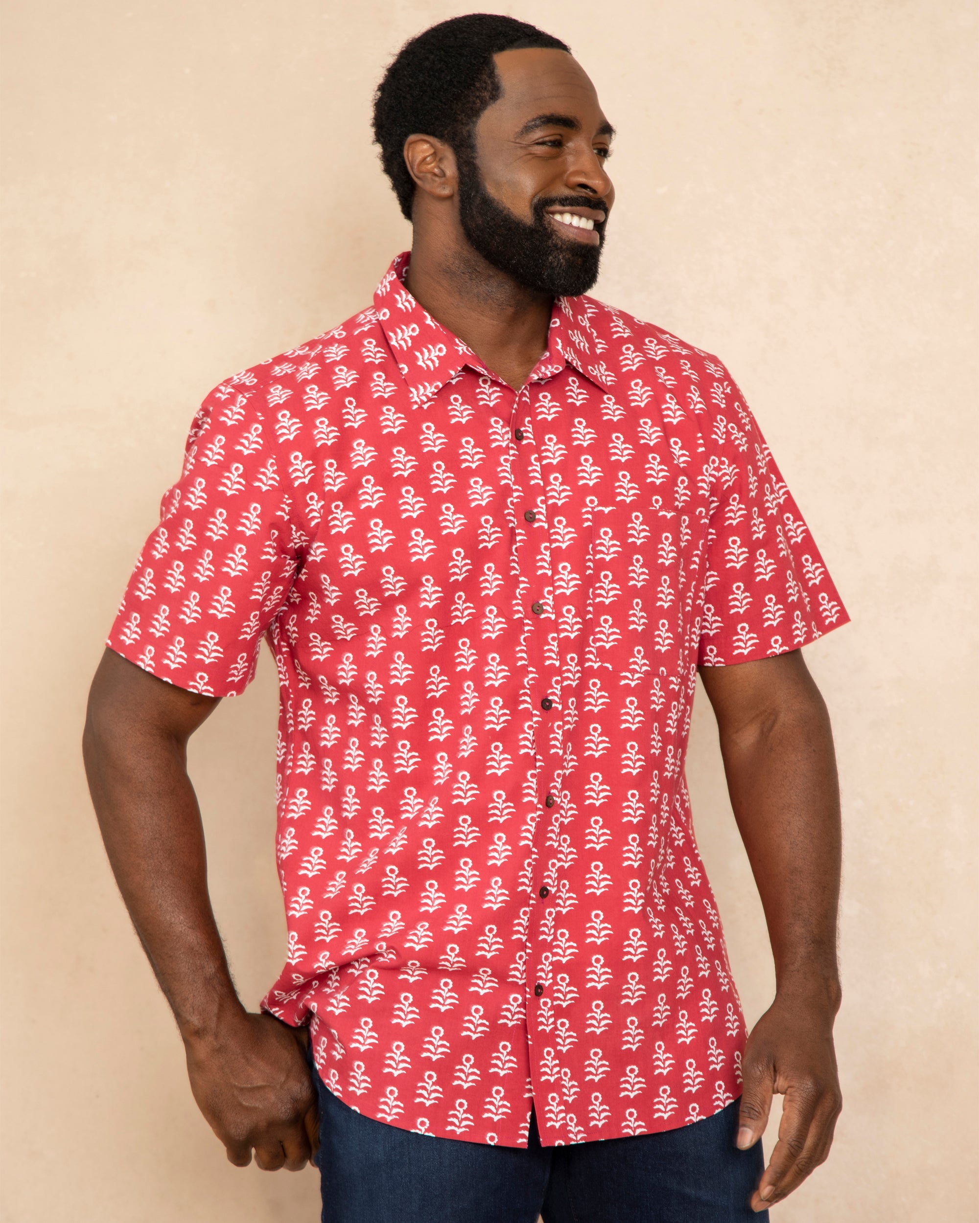 Flower Stand - Men's Short Sleeve Button Down Shirt - Ruby - Printfresh