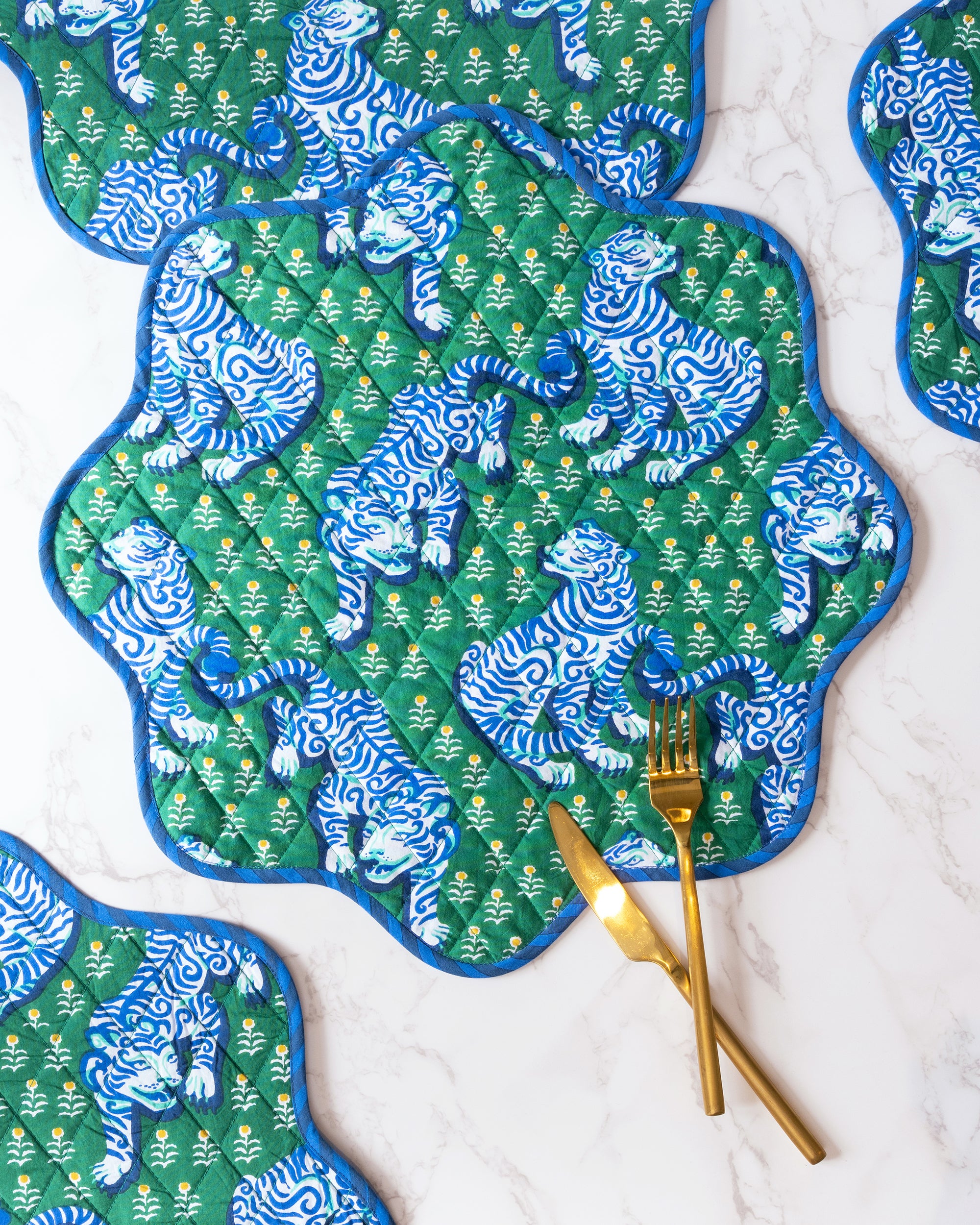 Tiger Queen - Quilted Scalloped Placemat Set - Jade - Printfresh